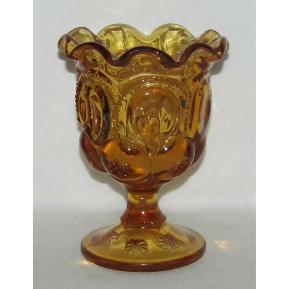 LE Smith Glass MOON AND STAR No.3601 Amber Footed Ruffled Compote